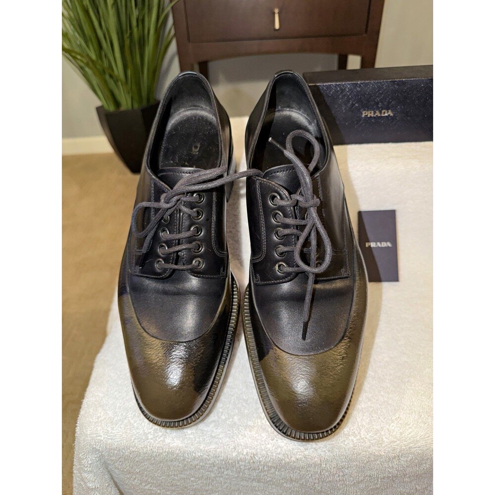 PRADA Men's Leather Lace-Up Oxford Camo Lug Rubber Sole Black/Green EU 42